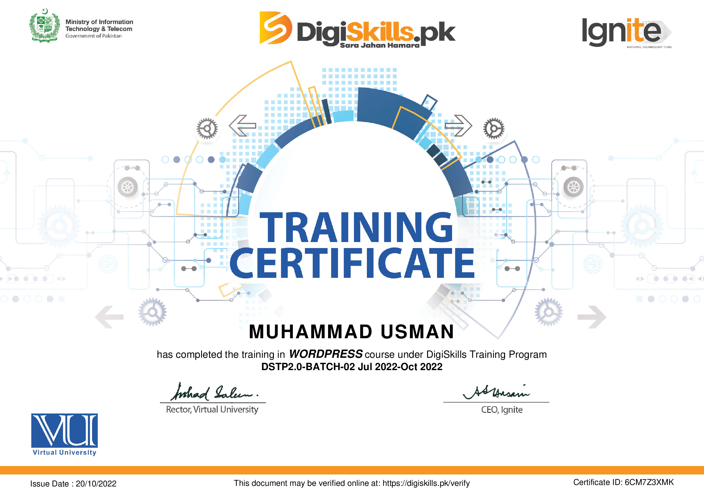 DigiSkills Wordpress Course Certificate