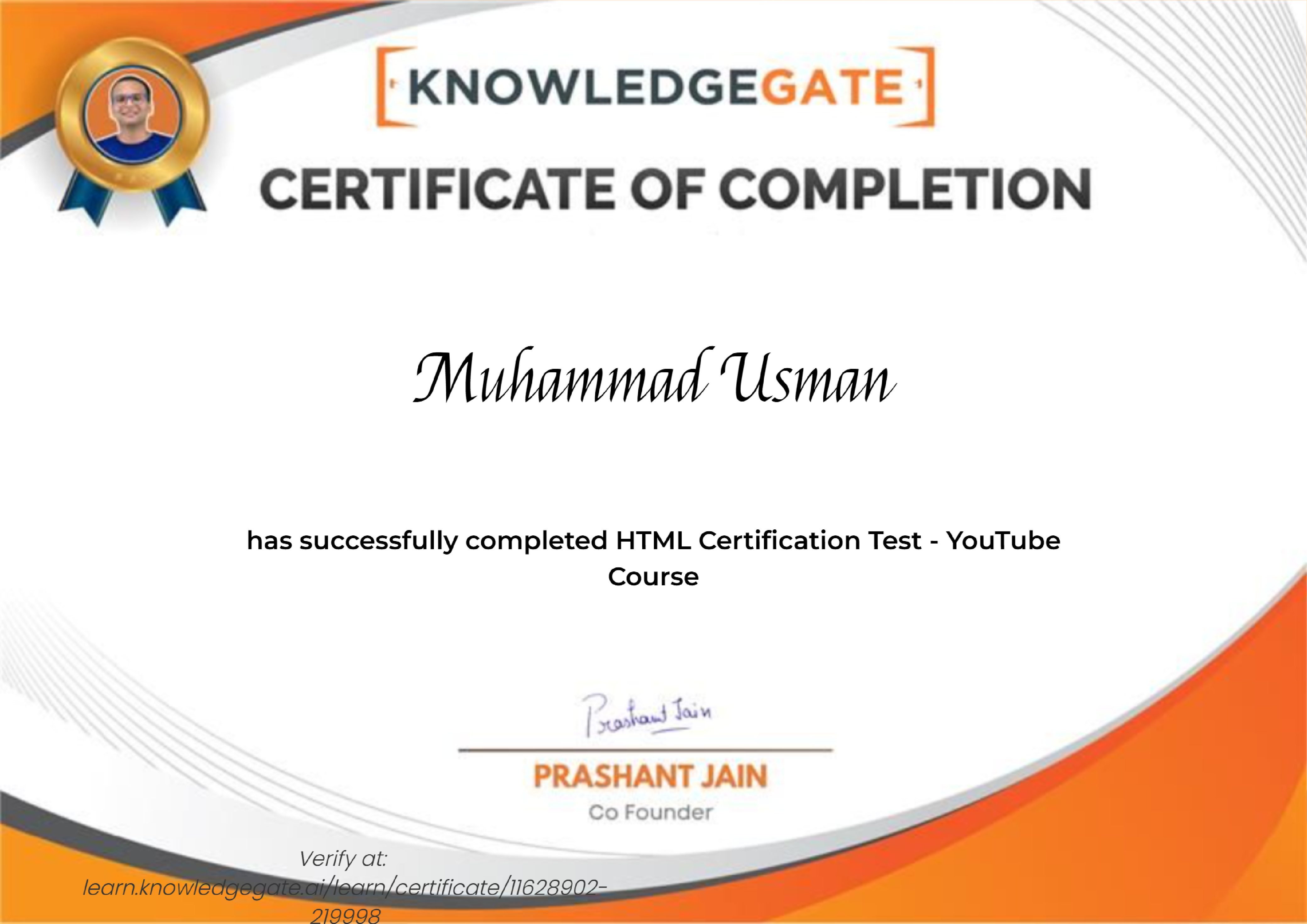 Knowledge Gate HTML Course Certificate