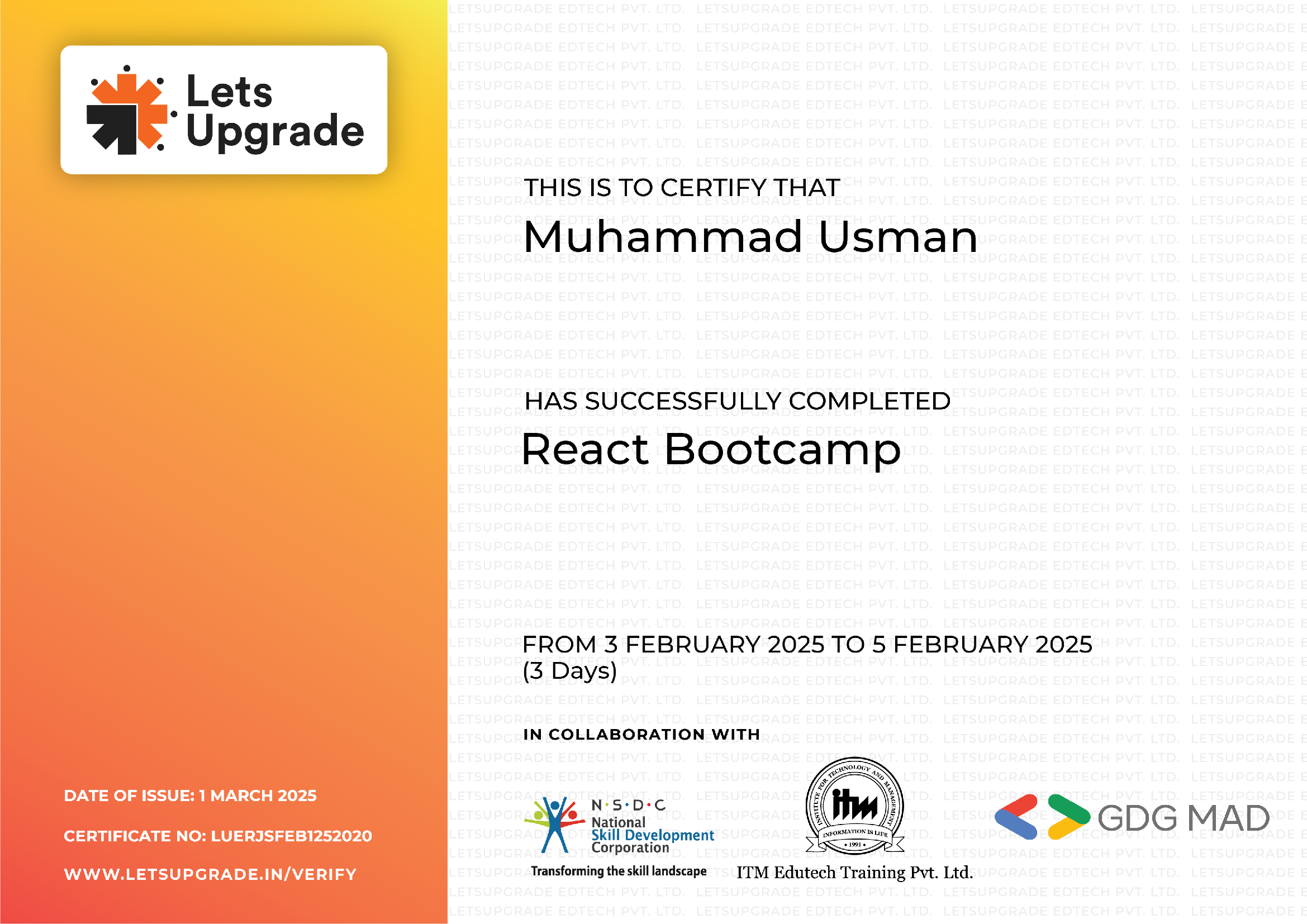 Usman's Let's Upgrade React JS 3-Days Bootcamp Certificat